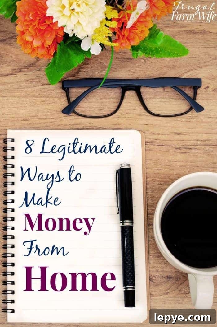 Proven Ways to Earn Money Working From Home 2 Image, taken from above, shows a notebook on a desk with a pen sitting on it. Next to the notebook is a cup of coffee and a pair of glasses. Text overlay reads "8 Legitimate Ways to Make Money from Home"