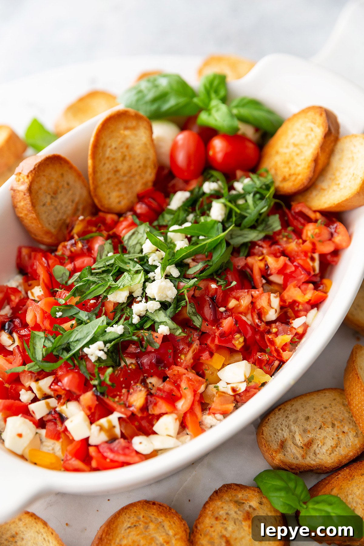 Chilled Caprese Dip with Tomatoes, Fresh Mozzarella & Basil 7 Tomato Mozzarella Dip with Crostini