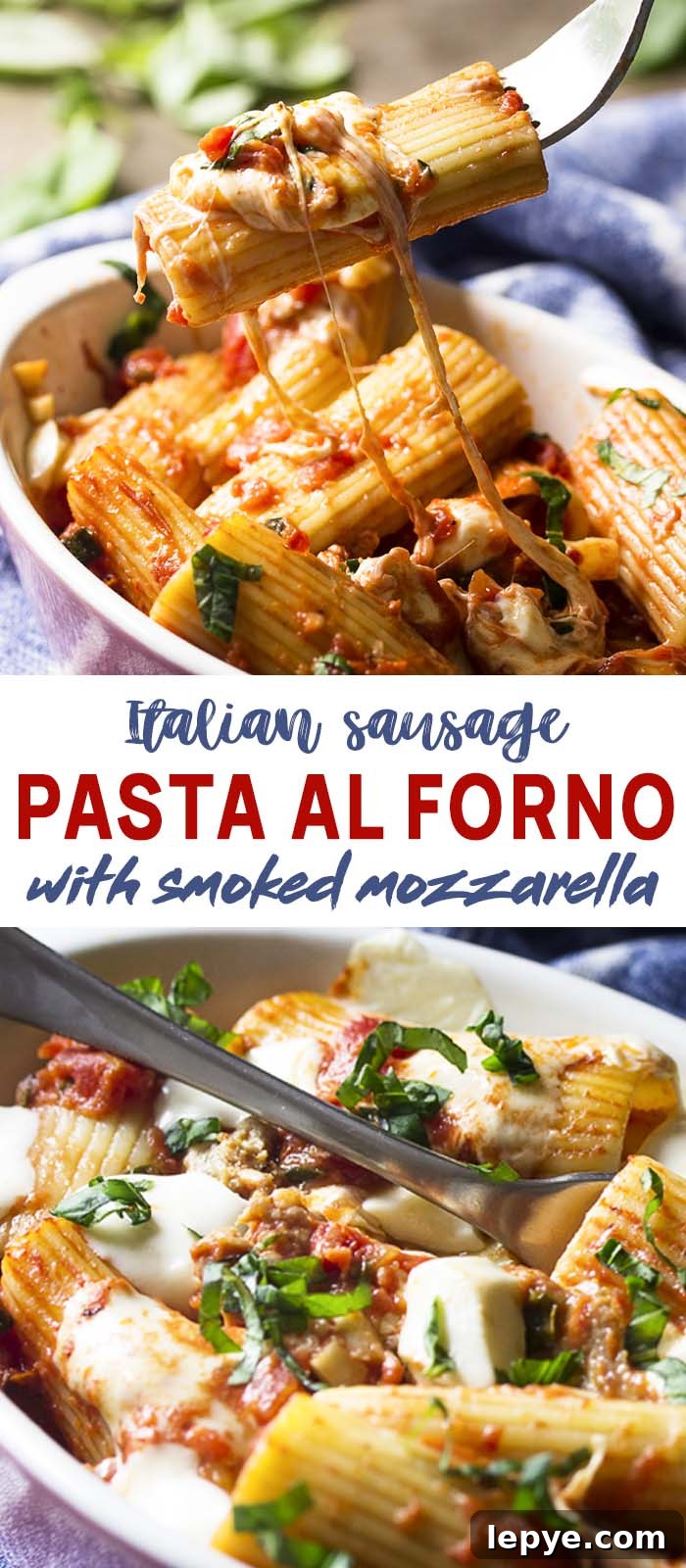 Baked pasta, sausage, and cheese in a casserole with text overlay - Pasta al Forno.