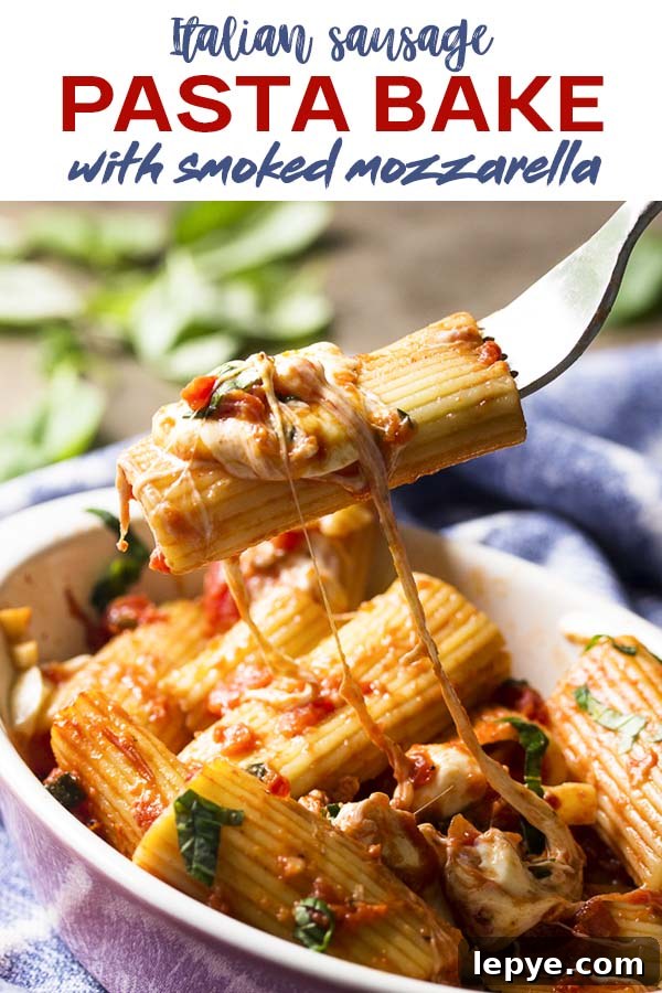 Casserole dish of pasta with text overlay - Pasta Bake.