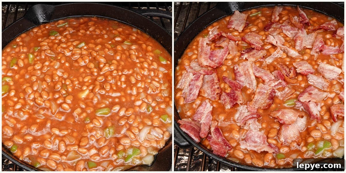 Smoked Baked Beans with Bacon — Flavorful BBQ Side Dish 5 Baked beans in cast iron pan with bacon on top