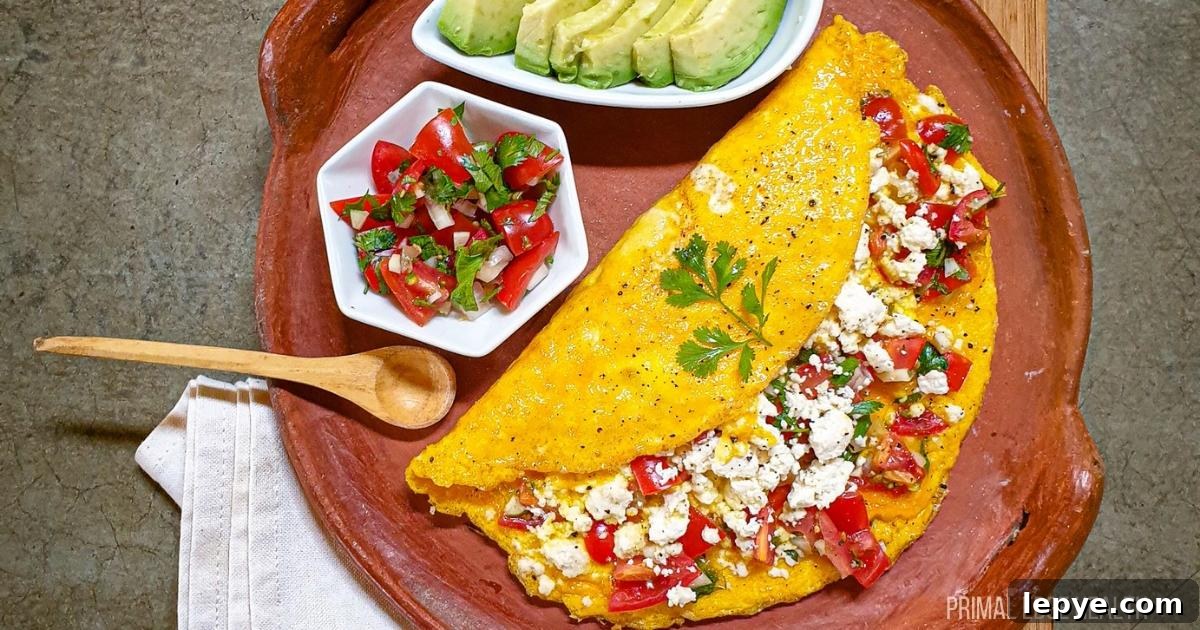 15 High-Protein Breakfasts to Power Your Morning Hustle 12 Mexican omelette folded with queso fresco and salsa on earthen serving tray.