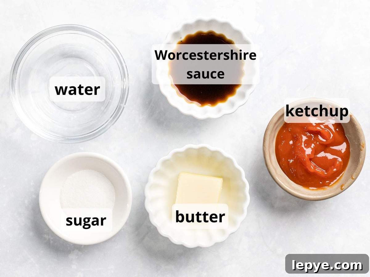 Ingredients for Japanese hamburger steak sauce including ketchup, worcestershire sauce, and butter.