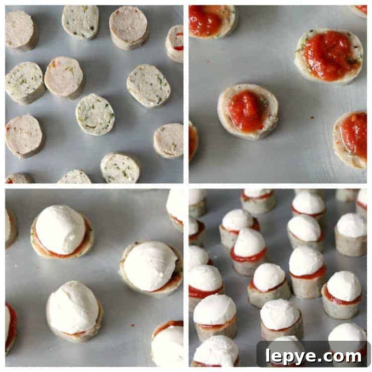 EASY CHICKEN PARMESAN SAUSAGE BITES collage of steps to making sausage bites