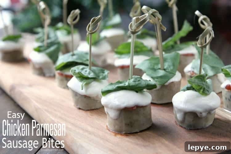 EASY CHICKEN PARMESAN SAUSAGE BITES Easy Chicken Parmesan Sausage Bites on cutting board
