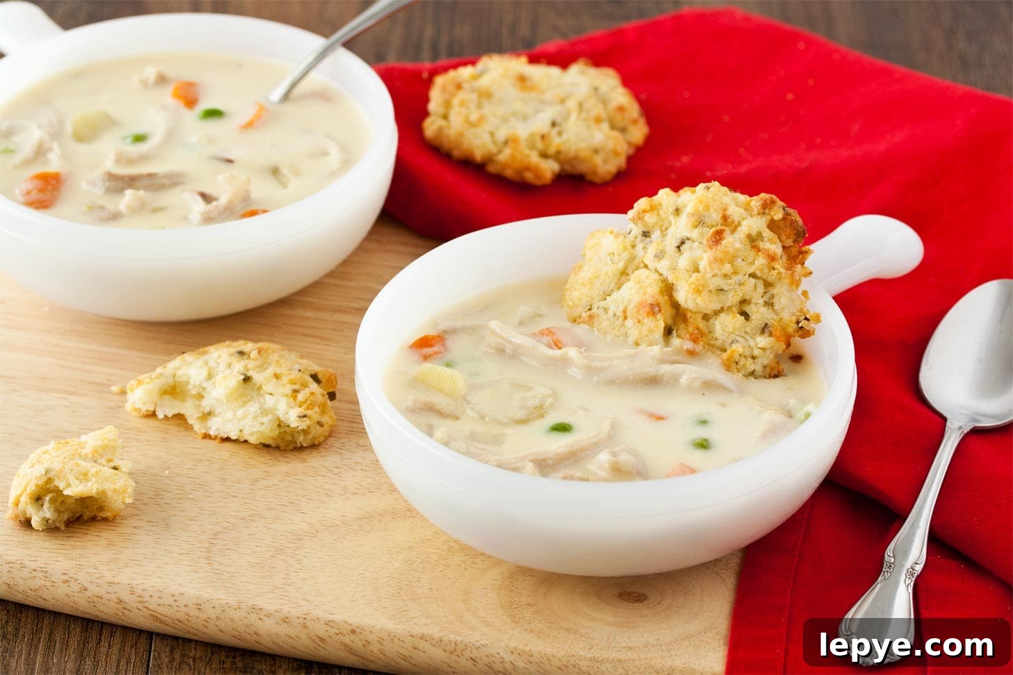 Chicken Pot Pie Soup Recipe in white bowl
