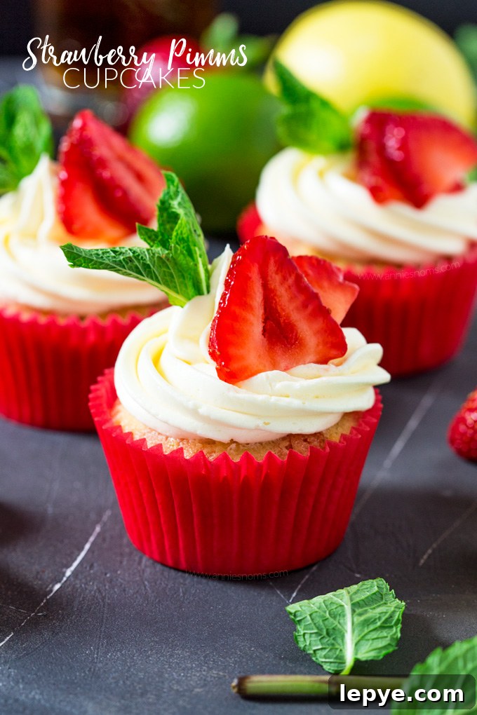 Strawberry Pimm’s Cupcakes with Fresh Fruit and Cream 2 These Strawberry Pimms cupcakes are Wimbledon in cupcake form! Lemon and lime cupcakes with a Pimms syrup and frosting. Sweet, light and so refreshing!