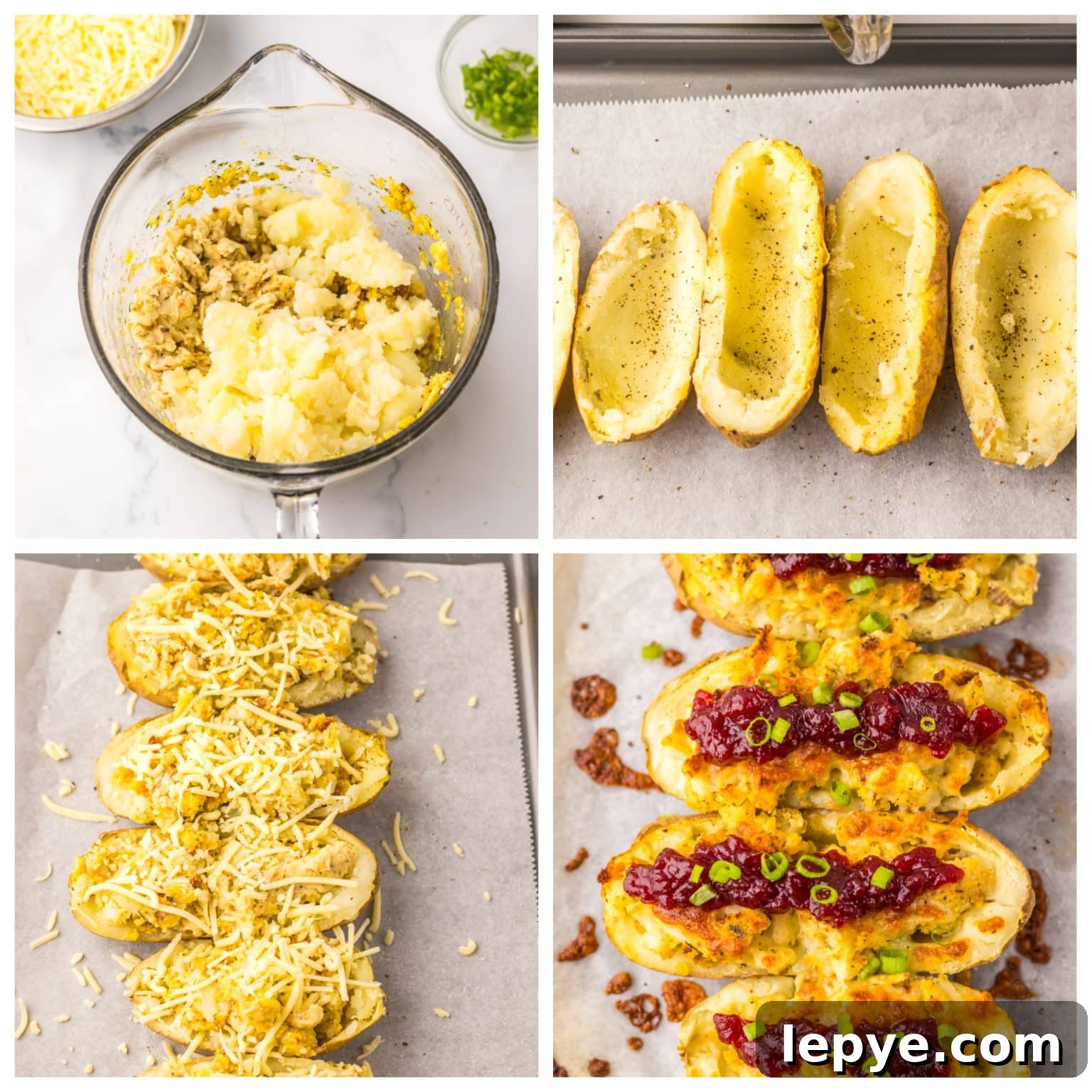 collage showing step by step how to make thanksgiving potato skins