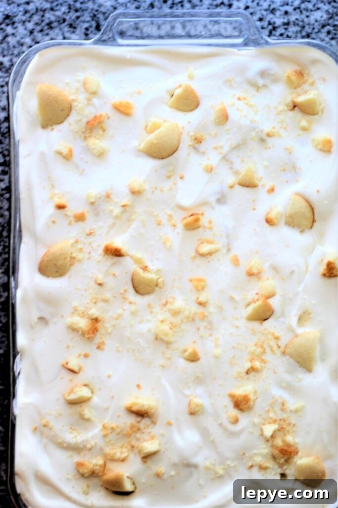 overhead shot of rectangular dish full of banana pudding