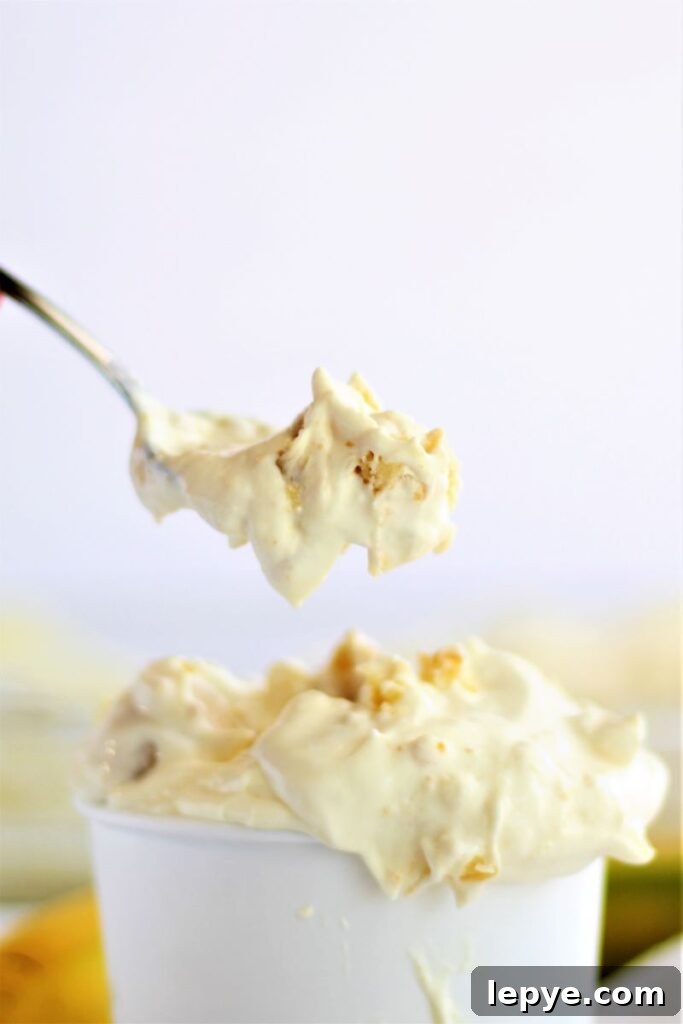 spoonful of banana pudding from large container full