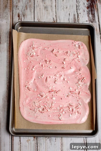 Sprinkle candy cane pieces over bark.
