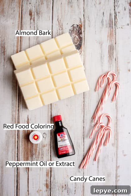 Labeled ingredients for candy cane bark.