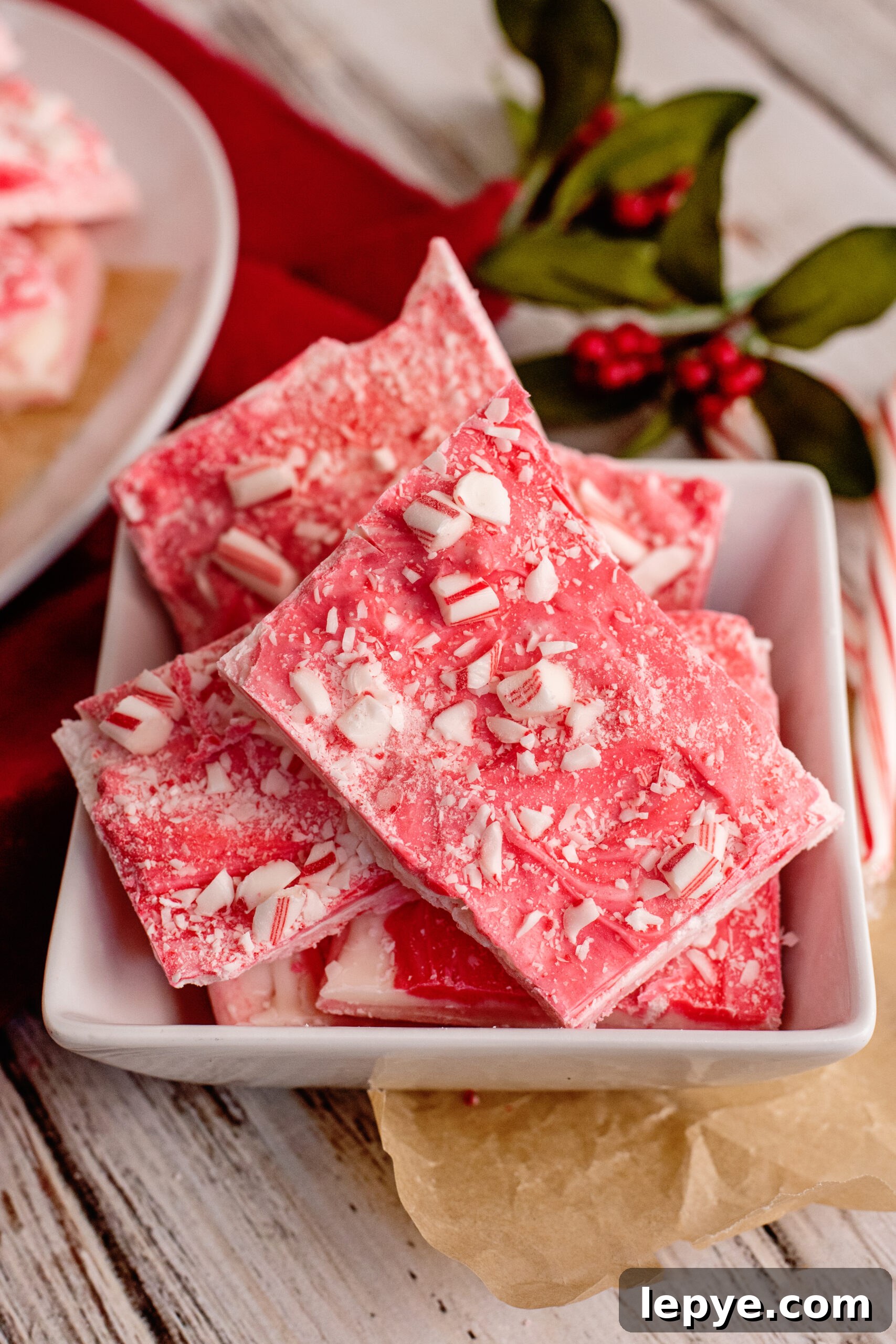 Bowl of candy cane bark.