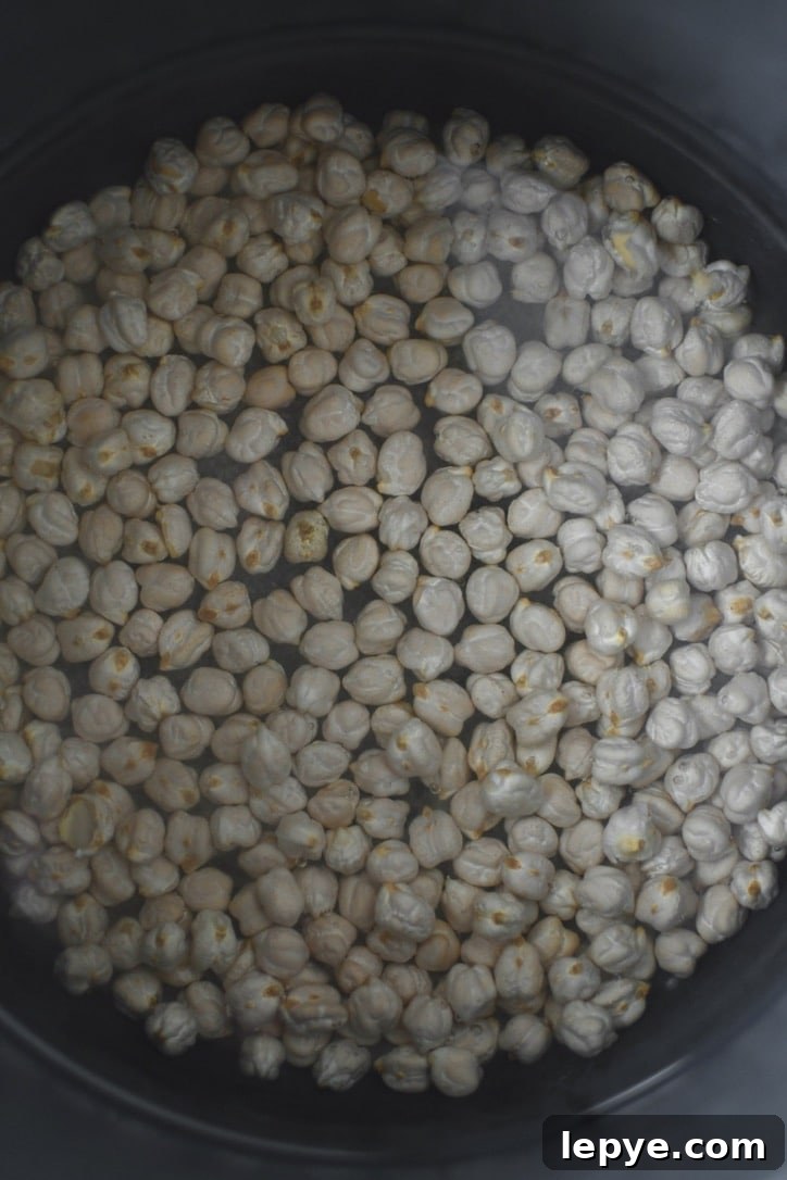 Dry chickpeas placed in the bowl of an instant pot covered with 2 inches of water, salt added.