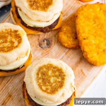 A homemade Sausage Egg McMuffin sandwich with melted American cheese, sausage patty, and round egg on a toasted English muffin.