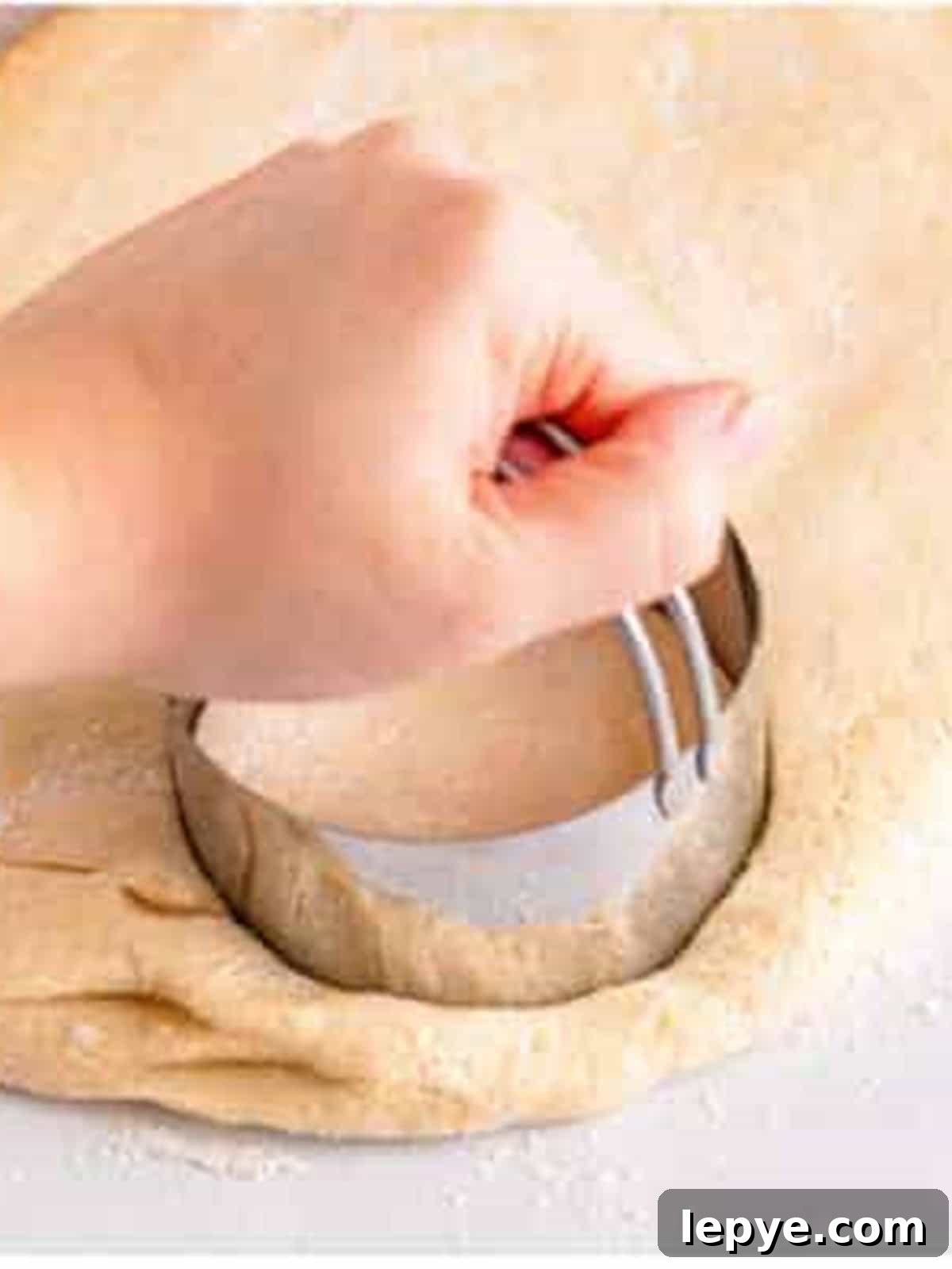 Cutting rounds of dough with a biscuit cutter for English muffins.