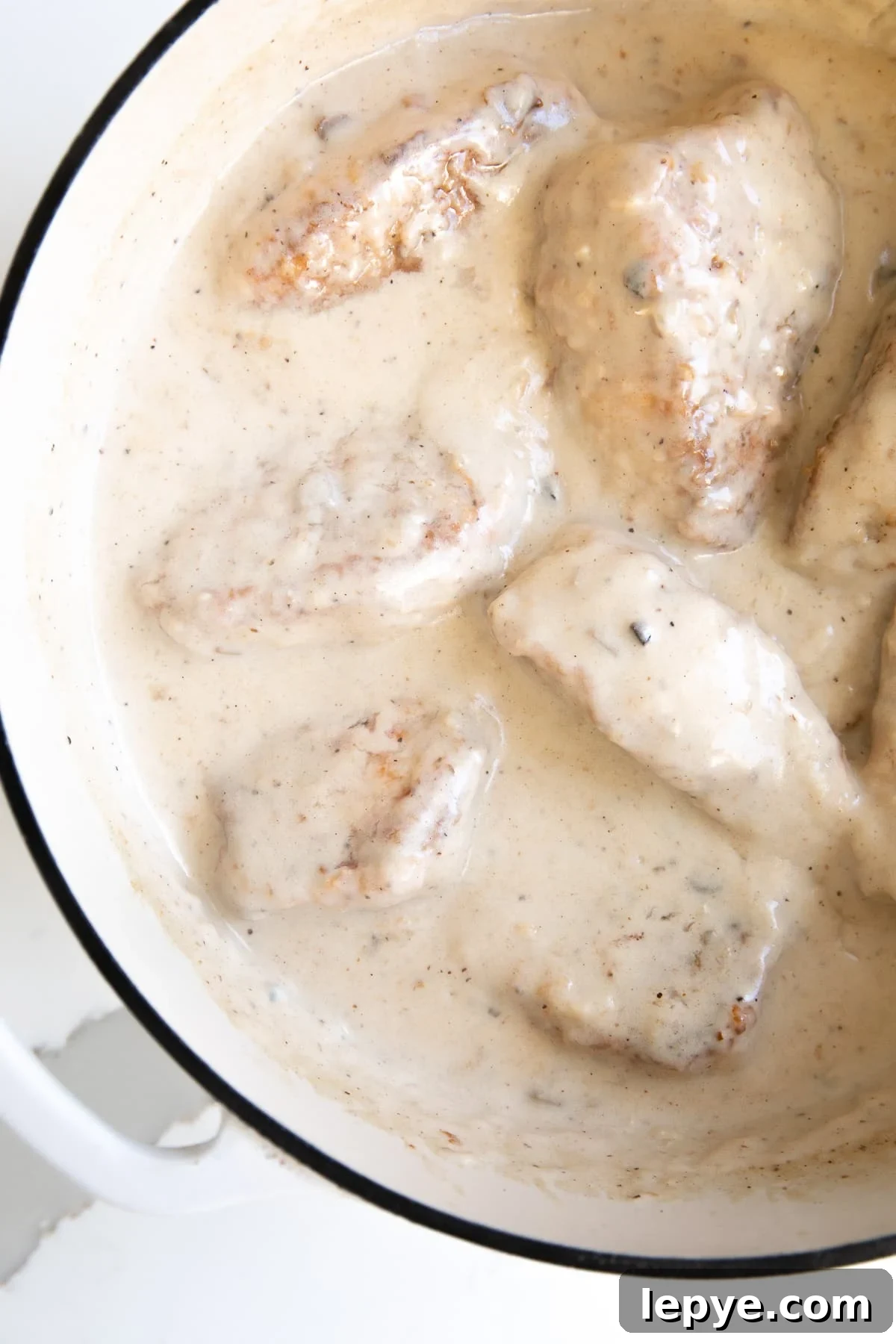 Large Dutch oven filled with pork chops simmering in sauce made from cream of mushroom soup and milk.