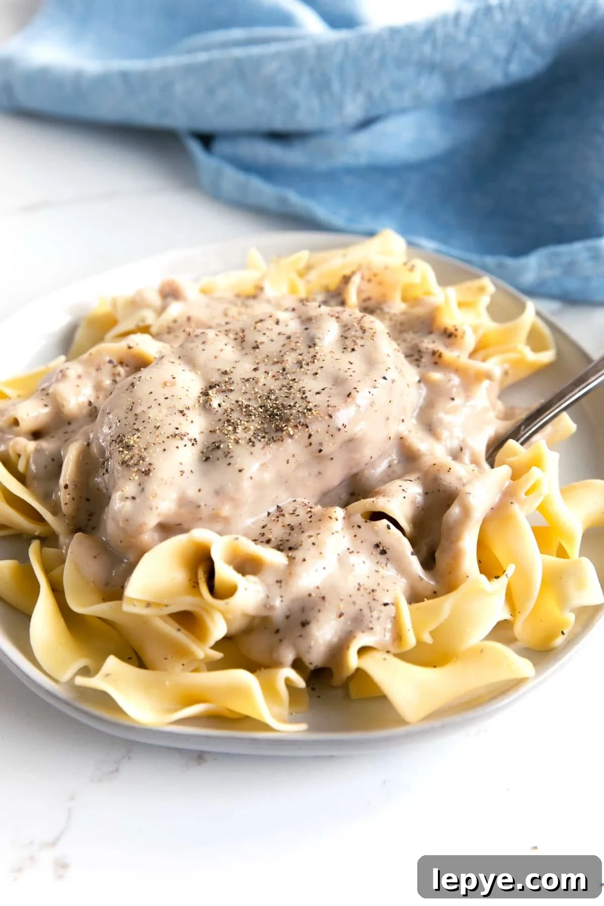 Plate filled with egg noodles covered in cream of mushroom soup sauce and a single boneless pork chop.