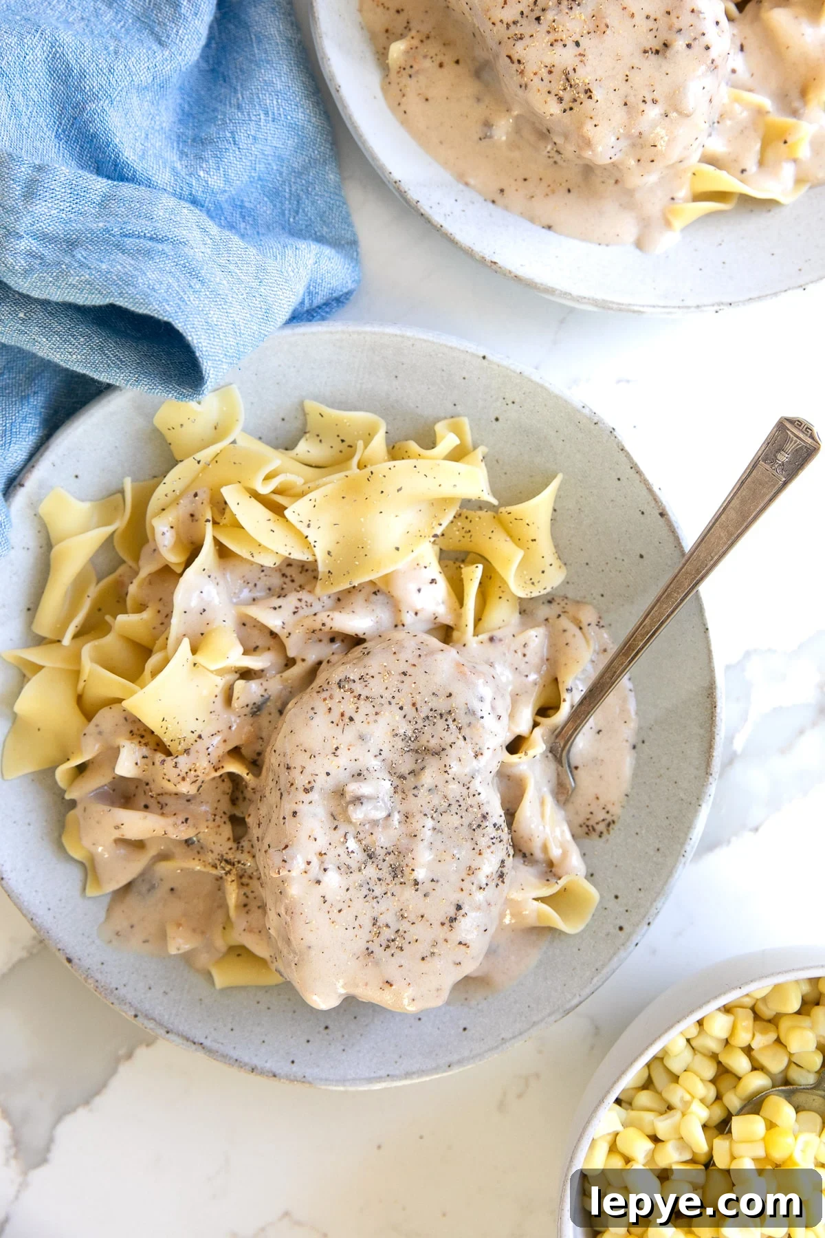 Plate filled with egg noodles covered in cream of mushroom soup sauce and a single boneless pork chop.