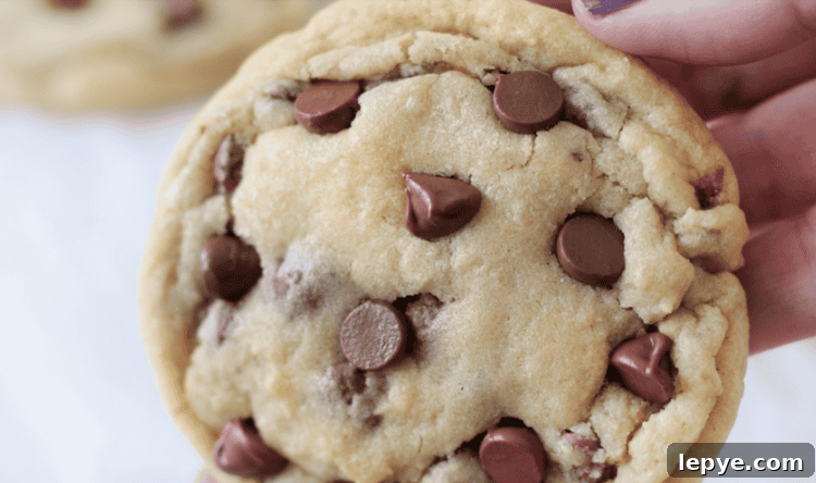 hand holding giant chocolate chip cookie