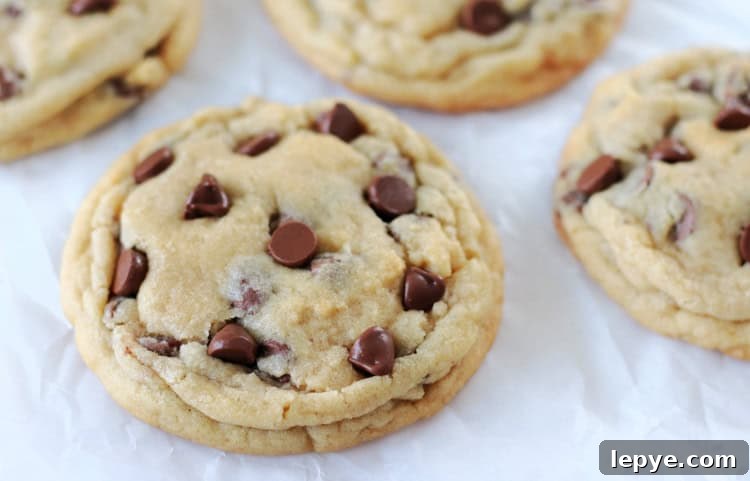 bakery style chocolate chip cookies on parchment paper