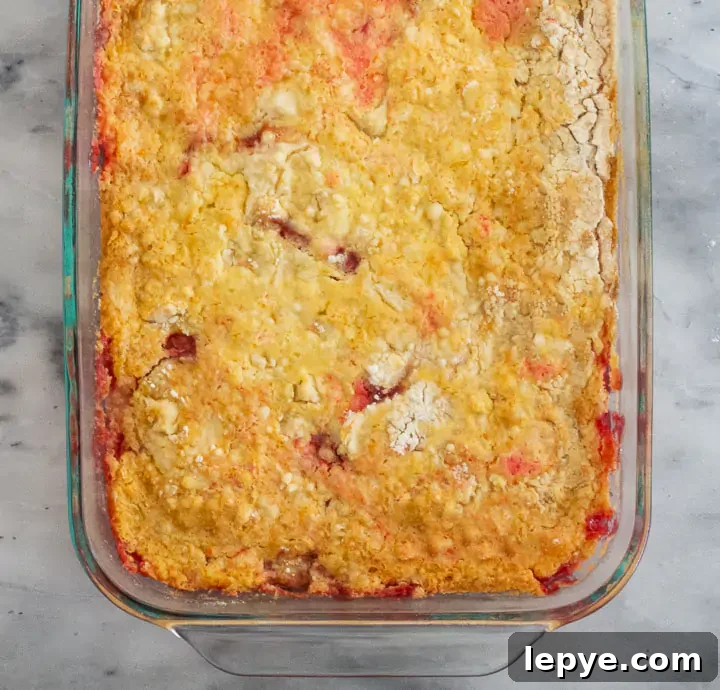 overhead view of strawberry cobbler after it's been baked